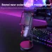 Gaming setup view of Onikuma M730 Microphone with RGB lighting, pop filter, and colorful backlit keyboard in background.