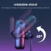 Stylized view of Onikuma M730 Microphone on rotatable stand showing 45° tilt adjustment with metallic blue-purple finish.