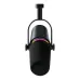 Front view of a black Shure MV7 Plus broadcast microphone suspended in its yoke with a customizable LED touch panel.