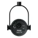 Close-up of the back of the black Shure MV7 Plus microphone showing XLR, USB-C, and headphone ports.