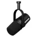 Angled view of the black Shure MV7X broadcast microphone inverted in its yoke mount.