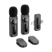 Front view of the WiWU Wi‑WM007 Dual Wireless Lavalier Microphone showing two transmitters, a receiver, and charging case.