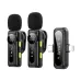 Angled front view of the WiWU Wi‑WM007 Dual Wireless Lavalier Microphone displaying dual clip‑on mics beside the receiver.