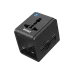 Angled view of the black BWOO BO-UC06 universal travel adapter, showing UK, EU, USA/AUST sliders.