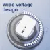 A white Deli universal power adapter is centered on a graphic showing its wide voltage range capabilities.
