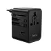 An angled view of the black Hoco AC32 universal travel adapter, showing a universal AC outlet and the slide-out plugs.