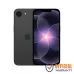 Dual view of iPhone 17e in black highlighting bright circular wallpaper on screen and rear camera with official warranty badge.