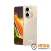 Front and rear view of Helio 15 showing vibrant display, dual rear cameras, and metallic gold textured back.