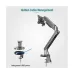 Front-facing view of a single monitor desk mount featuring a sturdy C-clamp base and a mechanical spring arm for easy height and tilt adjustments.