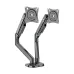 Side profile of a dual-monitor stand featuring adjustable gas-spring arms and VESA mounts, highlighting its ergonomic range and height adjustment capabilities.