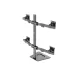 Angled view of a quad-monitor desk stand with a heavy-duty base, vertical center pole, and four adjustable VESA-compatible mounts for a 2x2 screen setup.