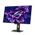 Angled front viewpoint of the Asus ROG Strix OLED XG27AQWMG Monitor displaying a vibrant colorful wallpaper.