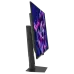 A straight side profile view of the black ASUS ROG Strix OLED XG32UCDS monitor on its stand, displaying a purple/pink ROG logo on the screen.
