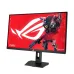 Front view of ASUS ROG Strix XG27ACMEG Monitor displaying vivid red screen with ROG logo and robotic character.