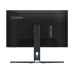 Direct back view of the monitor displaying the centralized mounting plate, ventilation ports, and the distinct blue accent on the geometric stand.