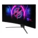 Front view of MSI MPG curved gaming monitor displaying neon-themed graphic and three-leg stand.