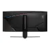 Rear view of MSI curved gaming monitor with RGB lighting, angular design, and wide base stand.