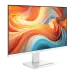 MSI 27 inch white gaming monitor with slim bezels and vibrant abstract display on sleek stand.