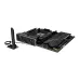 Asus ROG STRIX X870E-H Gaming WiFi motherboard angled view with heatsinks, ports and bundled WiFi antenna