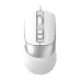A top-down view of the white and silver A4Tech Fstyler FM50 Plus wired mouse with two customizable top buttons.