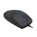 An angled view of the black A4Tech N-530 wired mouse, featuring a blue illuminated scroll wheel and a blue patterned light strip.