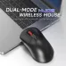 Top view of AJAZZ NJ02 Mouse beside MacBook keyboard, highlighting dual-mode wireless and quiet key features.