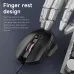 Top-down view of AJAZZ NJ05 Mouse under robotic hand showing ergonomic finger rest and pink-lit scroll wheel.