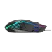 Side view of the black Gamdias AURA GS4 mouse with an aggressive, segmented shell design and multicolored RGB lighting accents.