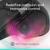 Close-up of Logitech MX Master 4 Mouse scroll wheel and side buttons with haptic feedback graphic for immersive control.