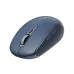 An angled close-up view of the dark blue Rapoo M590 Silent Multi-mode Wireless Mouse, highlighting the scroll wheel and side buttons.