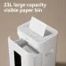 A white Deli paper shredder with its 23L pull-out waste bin partially open, showing shredded paper inside.