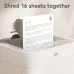 Close-up of the top of a white Deli paper shredder as a stack of 16 sheets of paper is fed into the manual slot.