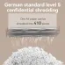 Digital rendering showing the shredding mechanism creating a pile of micro-cut shredded paper to meet German P-5 security level.