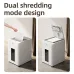 Side-by-side comparison of the white Deli paper shredder showing its dual shredding modes: manual feed (left) and auto-feed (right).