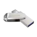 Top-down perspective of the SanDisk Ultra Dual Drive Luxe Pen Drive, highlighting the dual-sided USB and Type-C connectors with a silver finish.