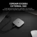 Corsair EX300U Portable SSD connected to laptop via USB Type-C showcasing 1,100MB/s speed