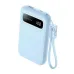 Light blue UGREEN PB522 power bank with a digital screen showing 100% battery and a wrist lanyard attached.