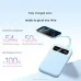 Light blue UGREEN PB522 power bank charging a phone, showing fast charging percentages and 3-hour self-charging time.
