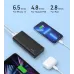 Black BWOO BO-P44 power bank charging iPhone, iPad, and AirPods, illustrating charges of 6.5, 4.8, and 2.8 times for each.