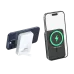 Comparison of white and black BWOO BO-P59 magnetic power banks attached to smartphones, one showing the kickstand, the other a 100% Charged screen.