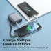 A gray power bank simultaneously charging two smartphones. Charge Multiple Devices at Once efficient, full-power charging for all!