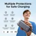 Front view of the Ugreen PB536 20000mAh 45W Power Bank #55988B held in a hand, highlighting its safety protection features on-screen.