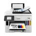 Canon MegaTank Printer with visible ink tanks, control panel, and printed sheet showing MegaTank icons