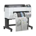 A white Epson SureColor SC-T3435 large-format printer on a black stand, printing a large technical drawing/plan.