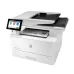 White HP LaserJet Enterprise MFP M430F printer with a document on the output tray and the touchscreen display lit.