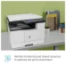 White HP LaserJet MFP M442dn printer on a desk with office supplies and text about 