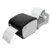 Side angle of the Xprinter XP-423B Thermal Label Printer printing labels from an external roll holder.