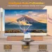 Living room setup with Magcubic HY300Max Projector auto-calibrating a mountain scene, showing focus, zoom, and keystone.
