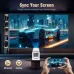 Magcubic HY310 Mini Android Projector mirrors a smartphone to project a bright racing car scene onto a screen.