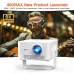 Front angled view of the Magcubic HY450 Max 1100 ANSI Android 14 Portable Projector with its blue lens lit and a musician projected behind.